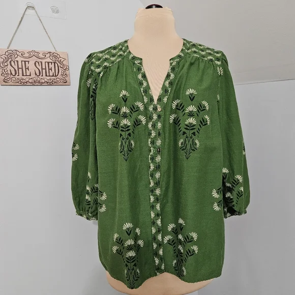 Knox Rose Green Floral Peasant Blouse Boho Size XL Cottagecore Hippie Gypsy - Picture 3 of 15